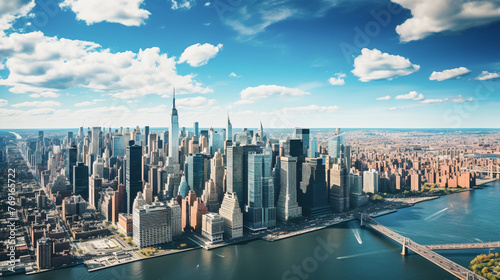 Sweeping view of a bustling metropolis with iconic skyscrapers and bridges under a clear blue sky. photo