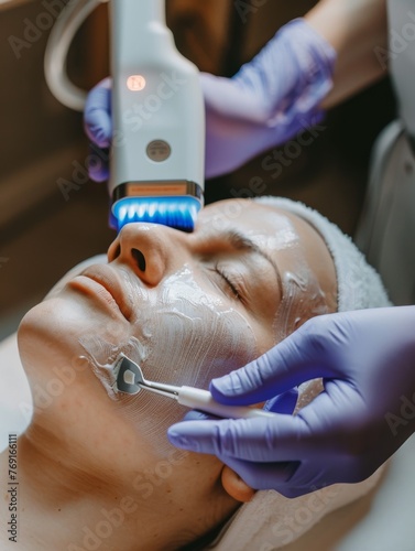 Spa  makeup  facial skin care  woman applying face mask  cream  clay for skin rejuvenation  procedures performed by professional dermatologists in clinic