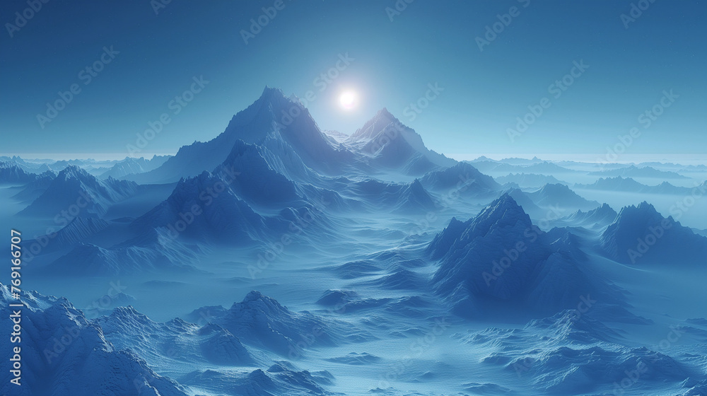 A mountain range with a bright sun in the sky. AI.