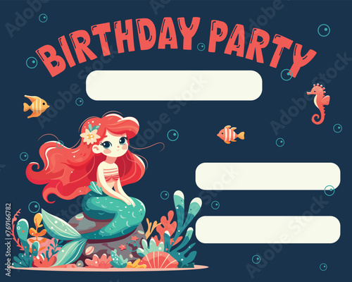 Colorful birthday invitation with cute and modest mermaid sitting on the stone with seaweed. Vector Illustration