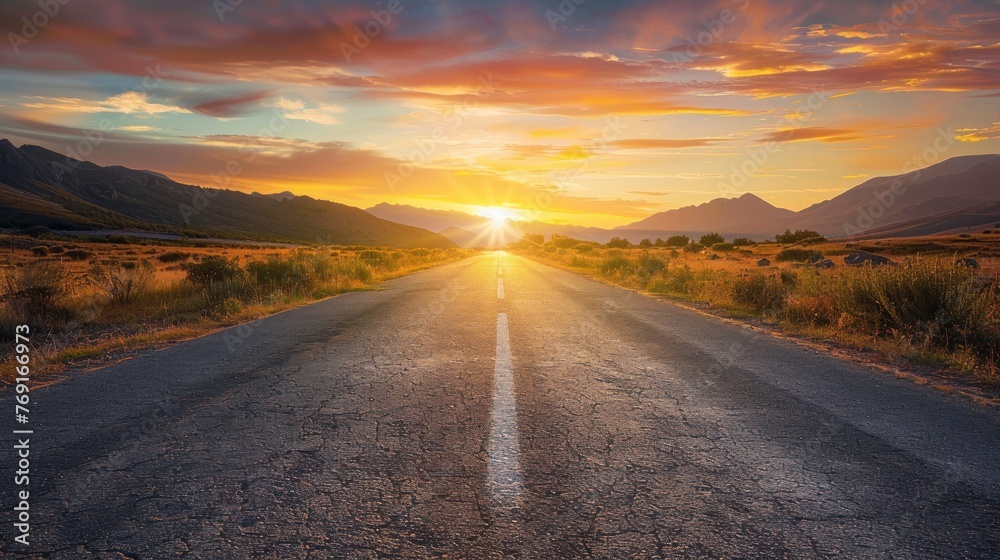 Epic empty old paved road on sunset view with in mountain background. AI generated image