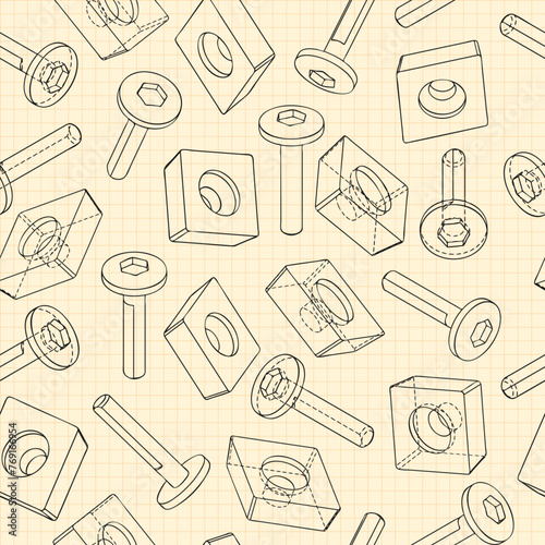 Mechanical engineering drawings on blue background. Cutter, assembly tool with replaceable multi-faceted plate. Technical Design. Cover. Blueprint. Vector illustration.