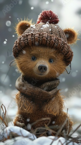 A small brown bear wearing a brown hat and scarf.