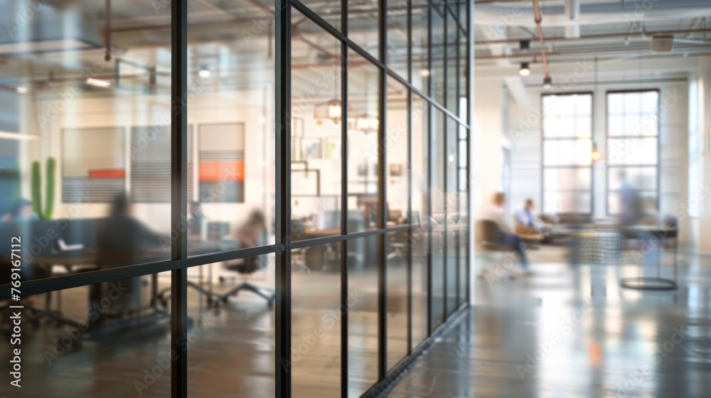 Blurred modern office workplace with people busy working behind glass wall room. AI generated image Blurred modern office workplace with people busy working behind glass wall room. AI generated image