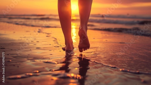 Close up of girls feet walking on beautiful beach at golden sunset day scene. AI generated image
