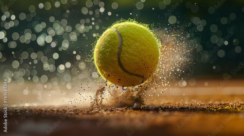 Intricate extreme close-up of tennis ball mid-flight, illustrating the dynamic action and speed characteristic of tennis.