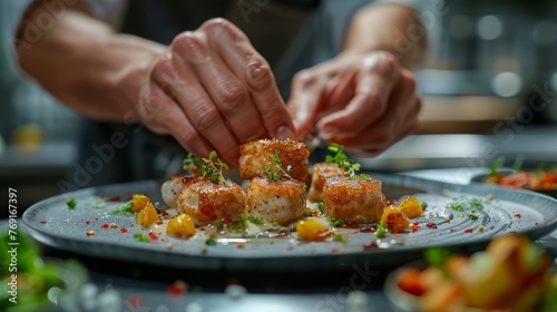 Demonstrating meticulous attention to detail, a chef's hands are captured in a macro shot, skillfully plating a gourmet dish, epitomizing hospitality business principles.