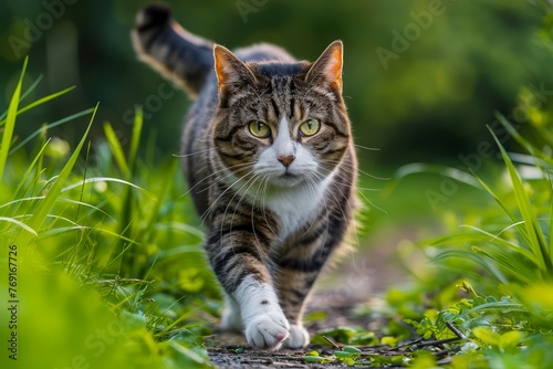 Wallpaper Mural Domestic Tabby Cat Walking Confidently Through a Lush Green Garden with Intense Gaze Torontodigital.ca