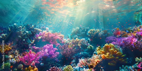 The vibrant, rough texture of a coral reef, captured underwater with the sunlight through the ocean surface. Highlights the diverse ecosystem and structure created with Generative AI Technology © Sentoriak