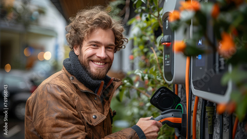 man electrician smiling and installing a home charging ,generative ai