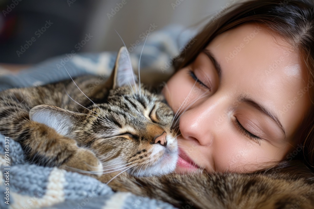 Young Woman Enjoying a Cozy Moment with Her Adorable Tabby Cat While Snuggling Under a Warm Blanket at Home