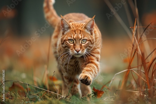 Majestic Ginger Tabby Cat Walking Confidently in Autumnal Setting with Vibrant Foliage