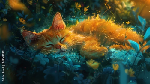 cute cat sleeping in flowers illustration,cat art,surreal, fantasy 