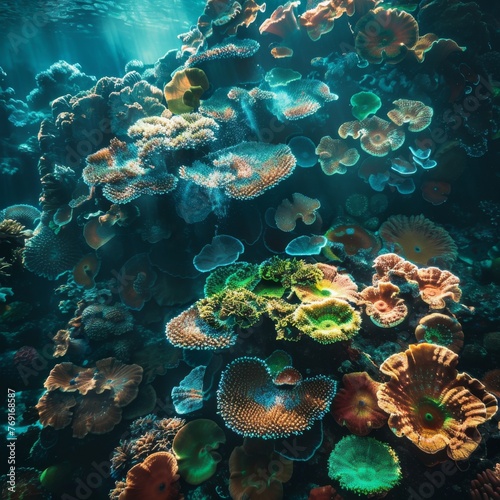 The vibrant, rough texture of a coral reef, captured underwater with the sunlight through the ocean surface. Highlights the diverse ecosystem and structure created with Generative AI Technology © Sentoriak