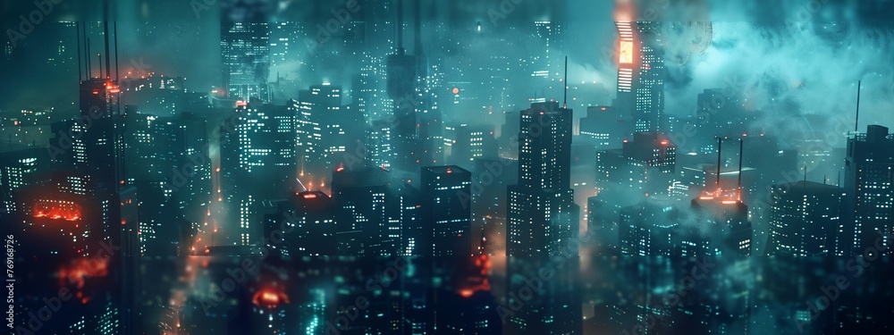 a cityscape with a lot of lights and smoke in the sky at night time with a lot of buildings