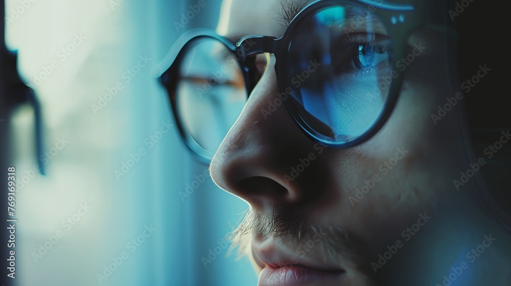 a man wearing glasses looking out a window at something outside of him a man wearing glasses looking out a window at something outside of him