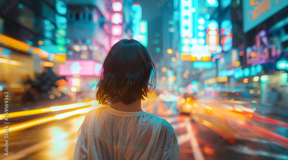 a woman is walking down a city street at night time a woman is walking down a city street at night time