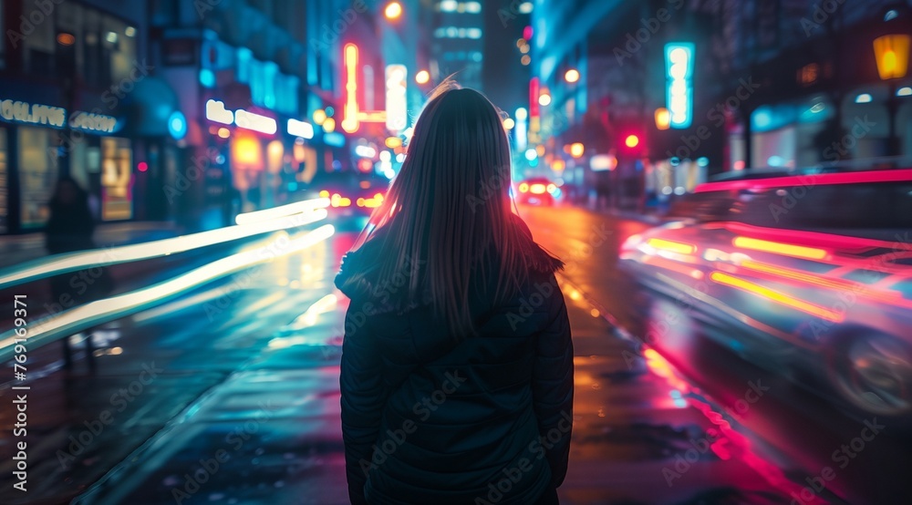 a woman is walking down a city street at night time