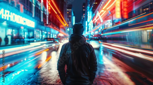 a man is walking down a city street at night time