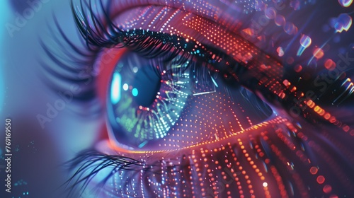 Human multicolored iris of the eye animation concept. Rainbow lines after a flash scatter out of a bright white circle and forming volumetric a human eye iris and pupil. Virtual reality colorful eyes. #769169550