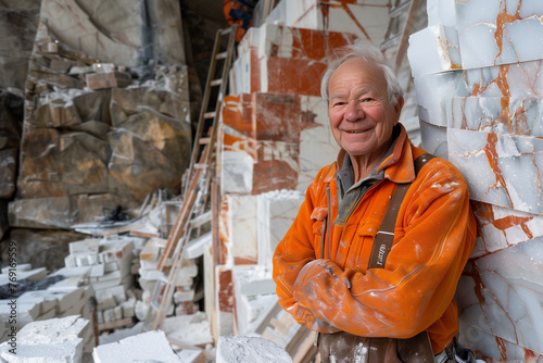 Marble Quarry Worker Smiling During Break in Natural Light photo