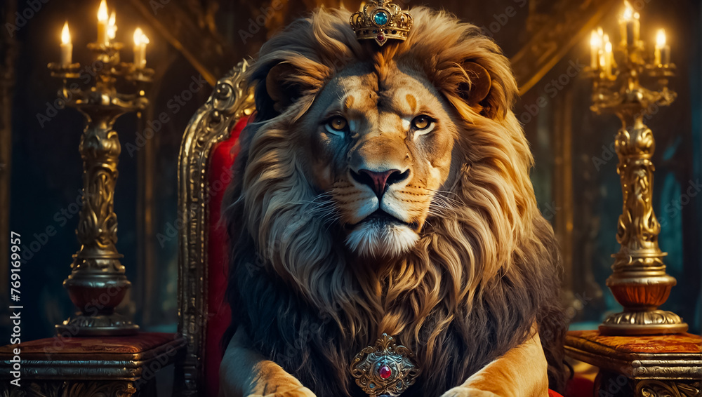majestic lion with a crown on a throne majestic lion with a crown on a throne