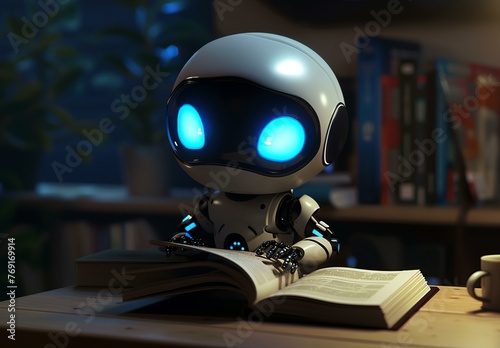 a robot reading a book on a table in a room with a bookcase