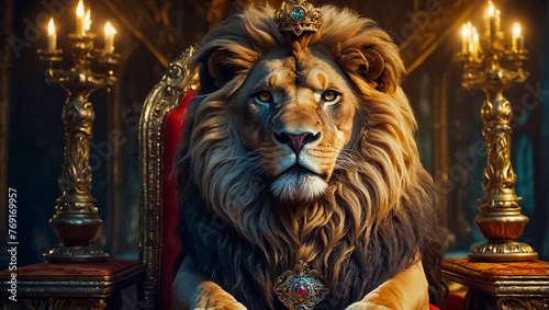 majestic lion with a crown on a throne