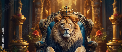 majestic lion with a crown on a throne fantasy