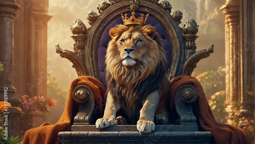 majestic lion with a crown on a throne leadership © tanya78