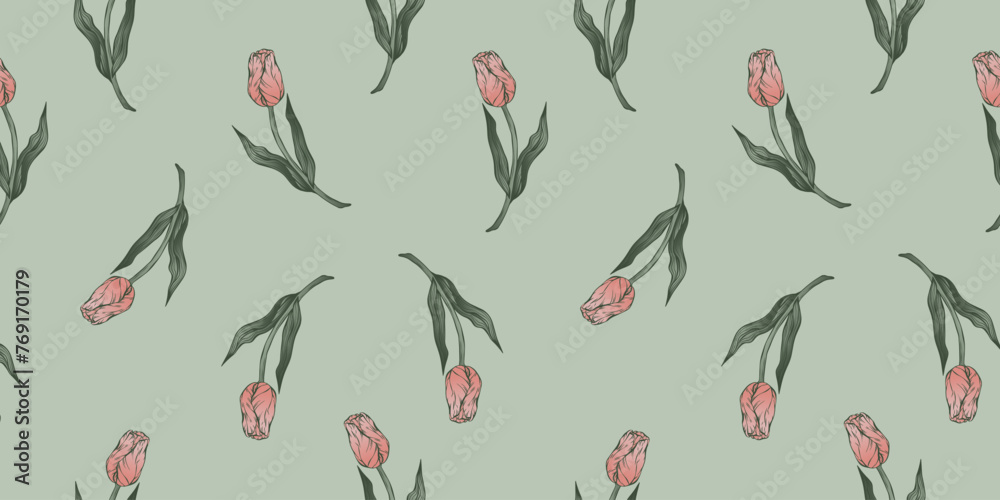 Seamless pattern with hand drawn flower of tulips. Perfect for wallpaper, wrapping paper, textile products, print, web sites, background, social media, blog, presentation and greeting cards.