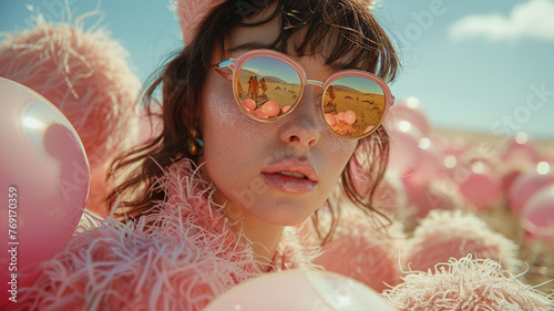 portrait of a girl with sunglasses, surrealism, dimensional, eclectic Easter fashion for women