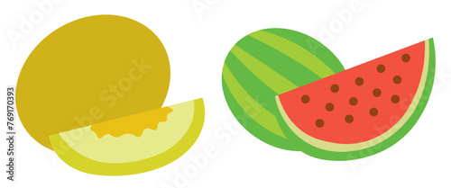 color isolated melon and watermelon with slice in flat style in vector. image of natural healthy eco food.template for logo sticker poster print decor design