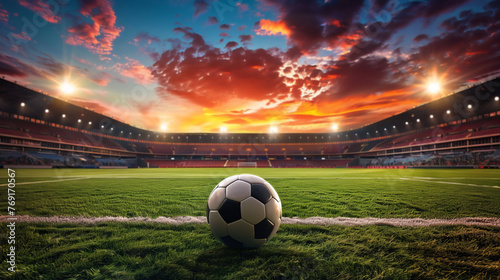 An empty professional soccer stadium from a low wide angle with a soccer ball centered in the foreground at sunset sunrise. Room for copy and text.  © VisionVista