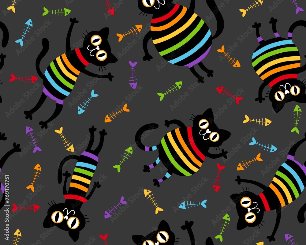 Cartoon black cats seamless rainbow lgbt stripes pattern for wrapping paper and fabrics and linens and clothes and pride
