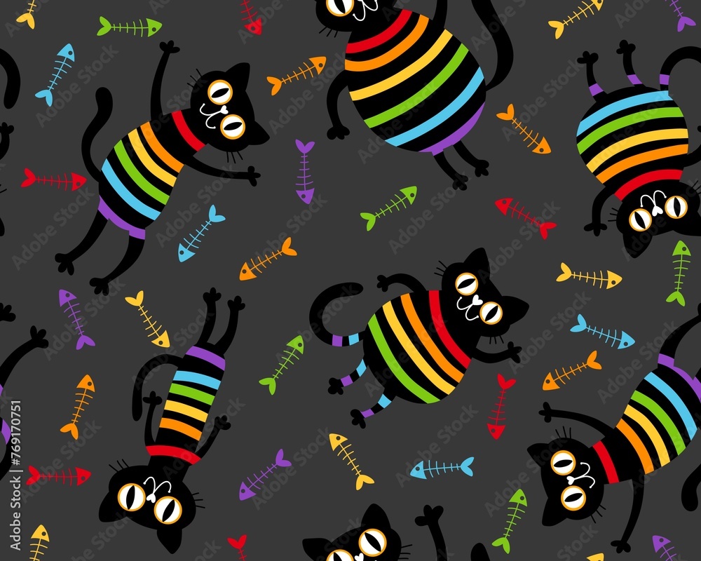 Cartoon black cats seamless rainbow lgbt stripes pattern for wrapping paper and fabrics and linens and clothes and pride Cartoon black cats seamless rainbow lgbt stripes pattern for wrapping paper and fabrics and linens and clothes and pride