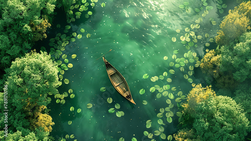 Breathtaking lake scene: detailed boat amid lily pads, dreamlike colors, aerial perspective, stunning light play,generative ai