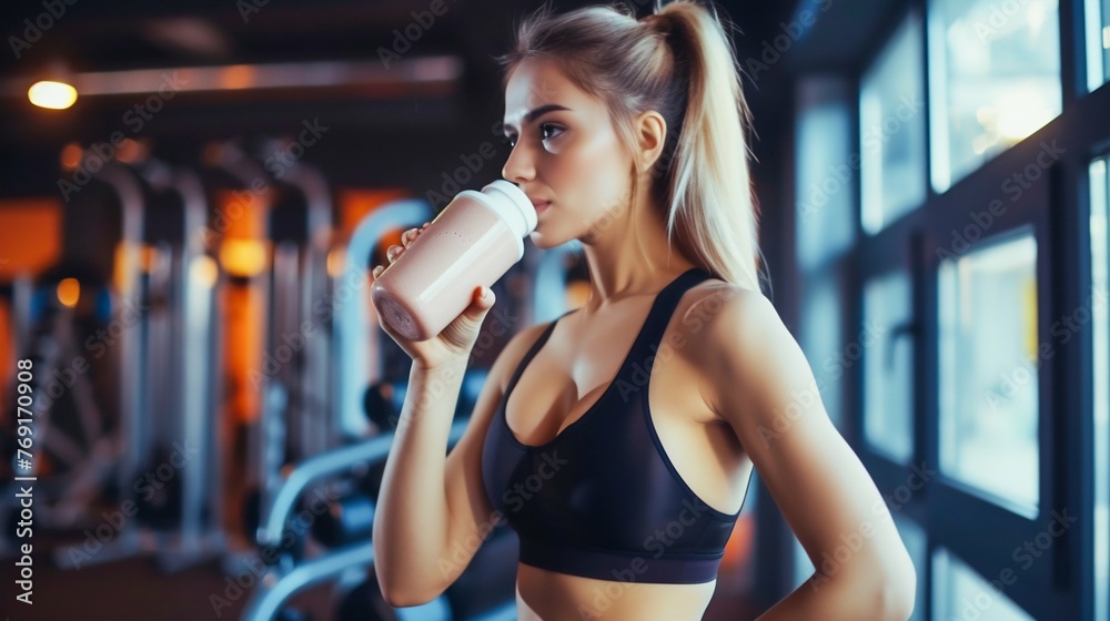 Fitness Enthusiast Enjoying a Protein Shake at Gym. Generative ai Fitness Enthusiast Enjoying a Protein Shake at Gym. Generative ai