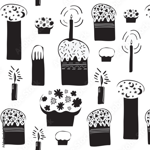 hand drawn black and white seamless easter cake patternw wuth small cakes and candels