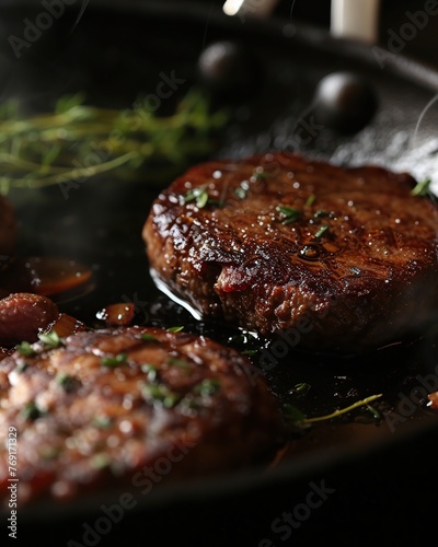 Grilled beef steaks with thyme on frying pan, closeup
