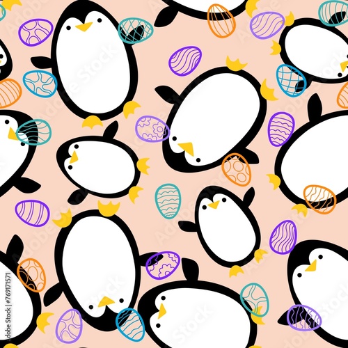 Spring Easter animals seamless penguin and eggs pattern for wrapping paper and kids print and party accessories
