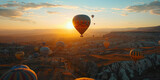 Colorful hot air balloons flying in the sky at sunrise in Cappadocia, Turkey, creating a breathtaking and aweinspiring spectacle