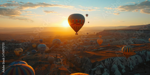 Colorful hot air balloons flying in the sky at sunrise in Cappadocia, Turkey, creating a breathtaking and aweinspiring spectacle photo