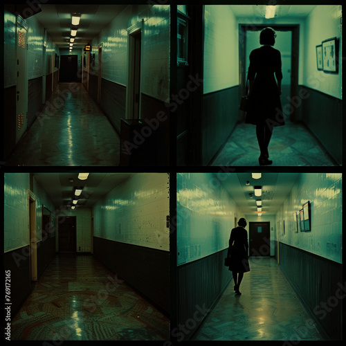 Dark hallway with woman walking under the streaming light through the windows