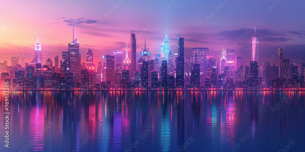 Fototapeta premium Nighttime Cityscape of New York City with Illuminated Skyscrapers and Buildings Reflecting in Water
