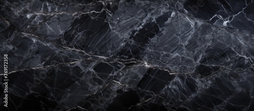 A detailed shot of a dark marble texture resembling bedrock underwater. The monochrome pattern creates a mysterious and elegant aesthetic, enhanced by the darkness and contrast