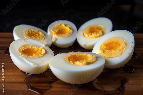 Hard Boiled eggs on a wooden cutting board. Selective focus.