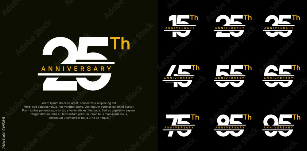 anniversary vector set design with white and yellow color for celebration day