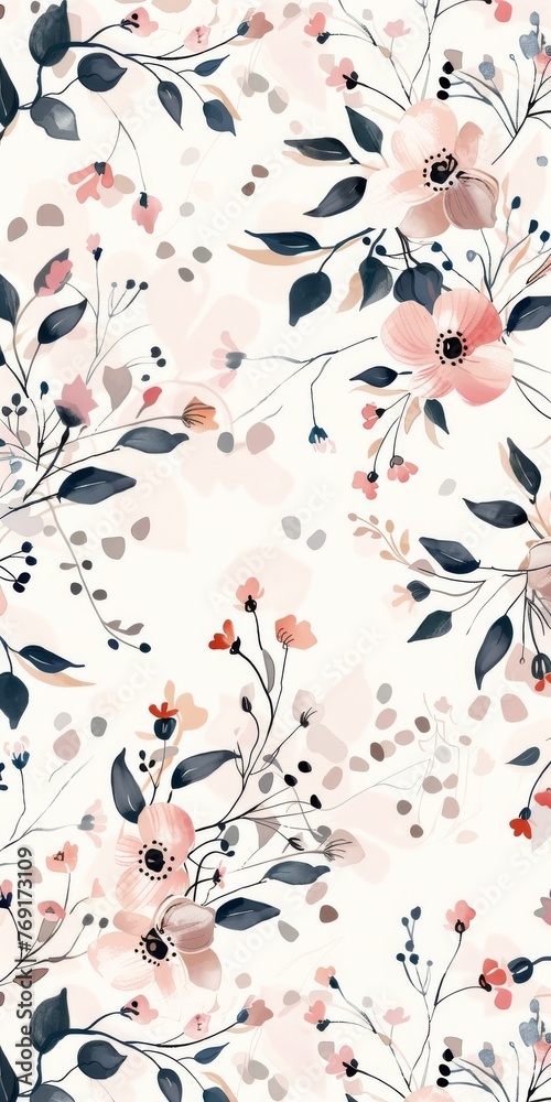 Fototapeta A delicate floral pattern, with hand-drawn flowers and leaves scattered across a light, airy background, providing a feminine and romantic texture created with Generative AI Technology