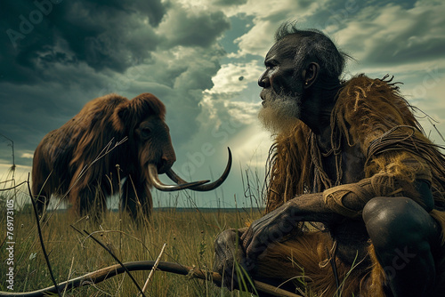 Prehistoric man, evolution science biology, man civilization, homo sapiens ape, stone era period, old hair wild nature, neanderthal, prehistory, monkey.